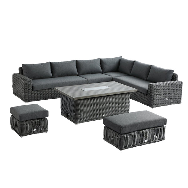 Bellagio Round Wicker Large Corner Casual Dining Set with Rising Firepit Table, Dark Grey