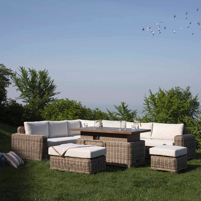Bellagio Round Wicker Large Corner Casual Dining Set with Rising Firepit Table, Natural