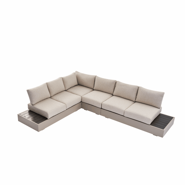Jardin Aluminium Large Corner Casual Dining Set with Rising Firepit Table, Pumice
