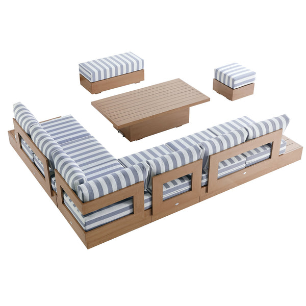 Jardin Aluminium Large Corner Casual Dining Set with Rising Table, Natural with Blue Stripes