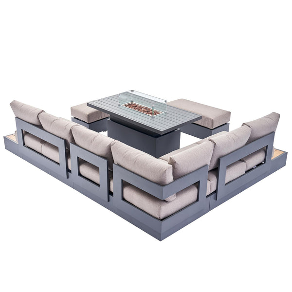 Jardin Aluminium Large Corner Casual Dining Set with Rising Firepit Table, Granite
