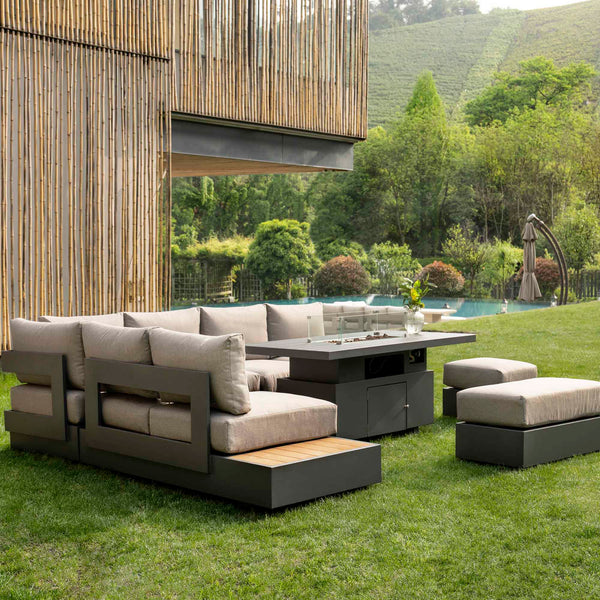 Jardin Aluminium Large Corner Casual Dining Set with Rising Firepit Table, Granite