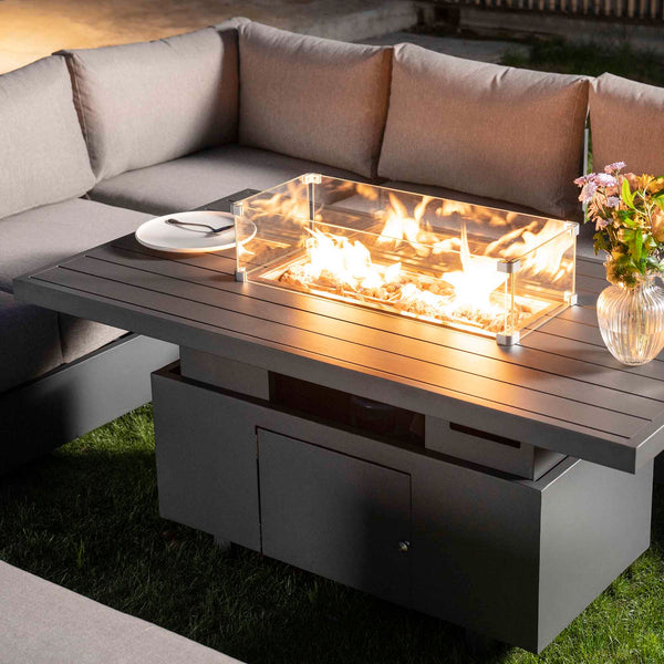 Jardin Aluminium Large Corner Casual Dining Set with Rising Firepit Table, Granite