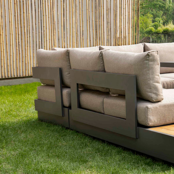 Jardin Aluminium Large Corner Casual Dining Set with Rising Firepit Table, Granite