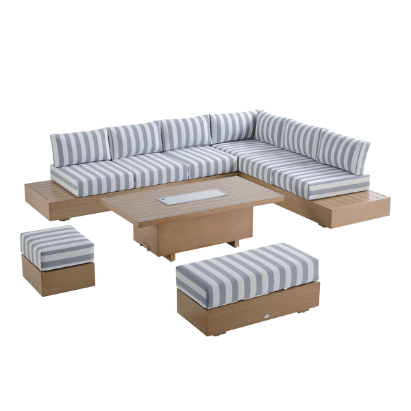 Jardin Aluminium Large Corner Casual Dining Set with Rising Table, Natural with Blue Stripes