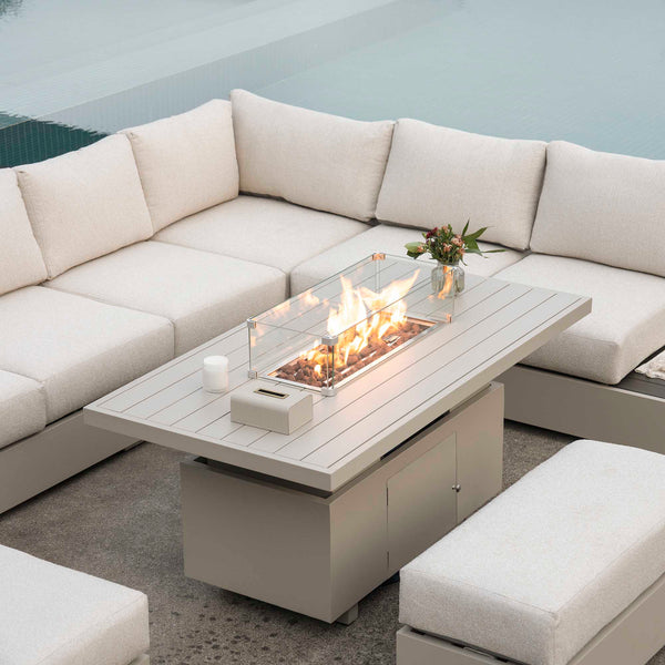 Jardin Aluminium Large Corner Casual Dining Set with Rising Firepit Table, Pumice