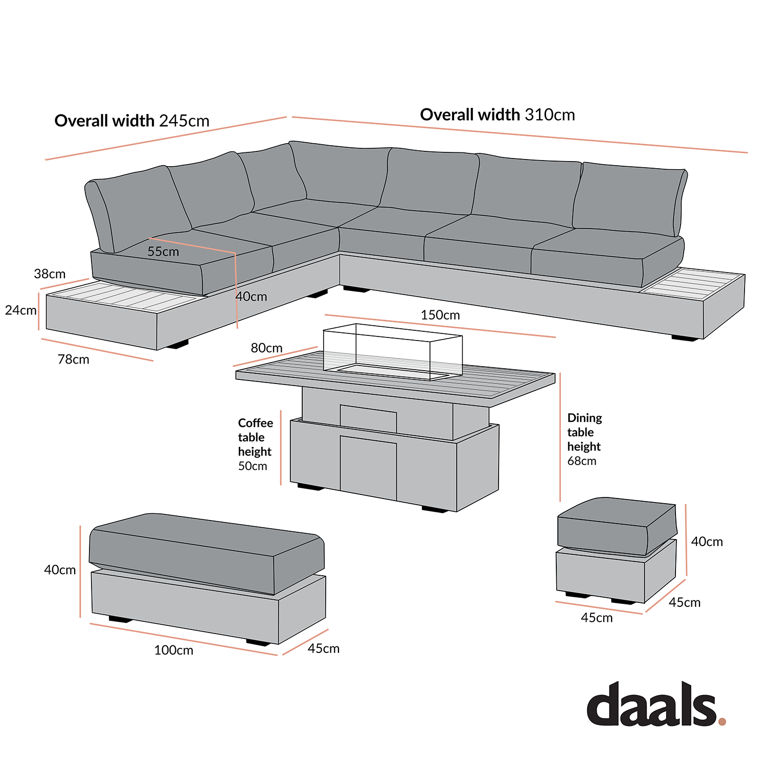 Jardin Aluminium Large Corner Casual Dining Set with Rising Firepit Table, Granite