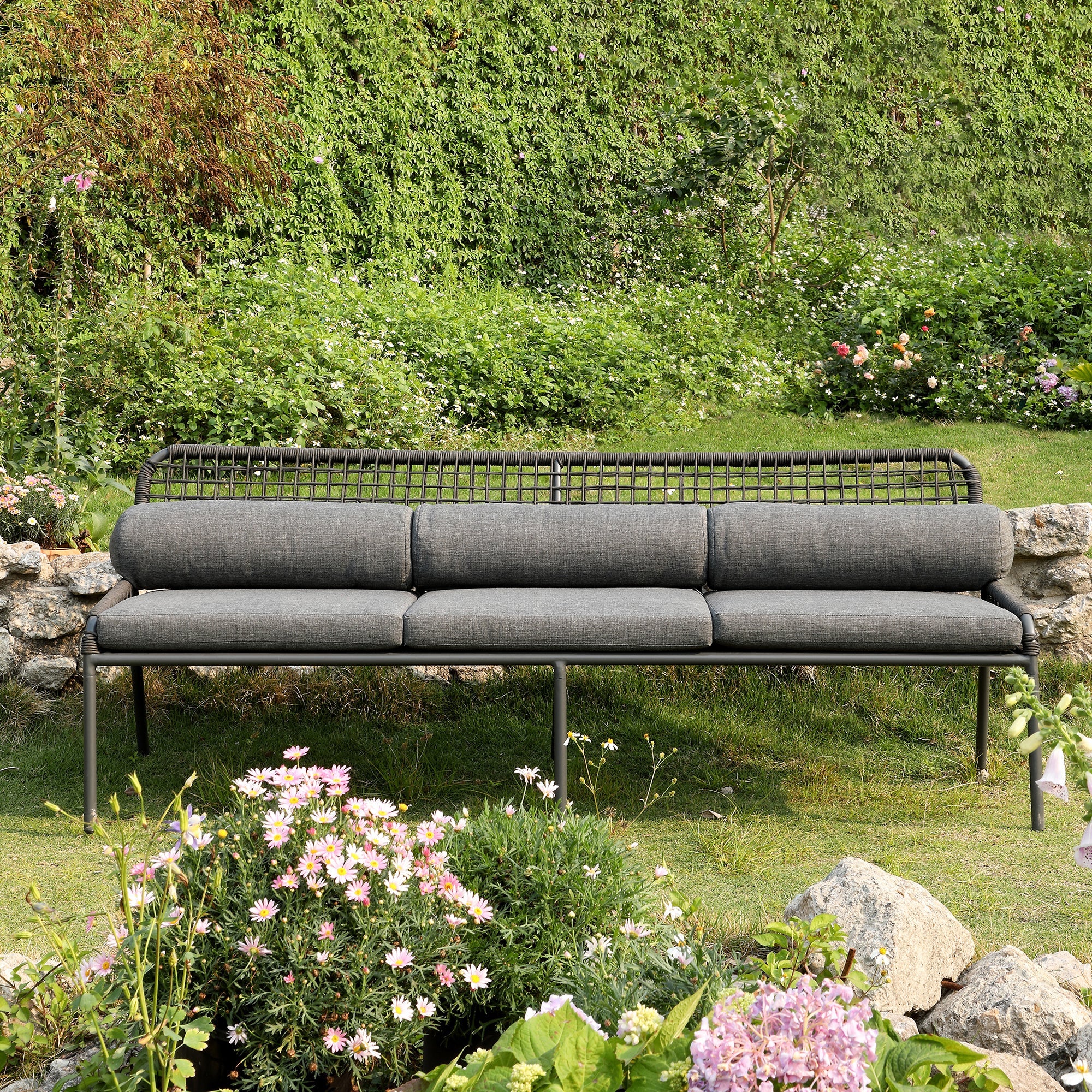 Pomona Rope Weave 5-Seater Sofa Set, Dark Grey Fabric with Black Frame