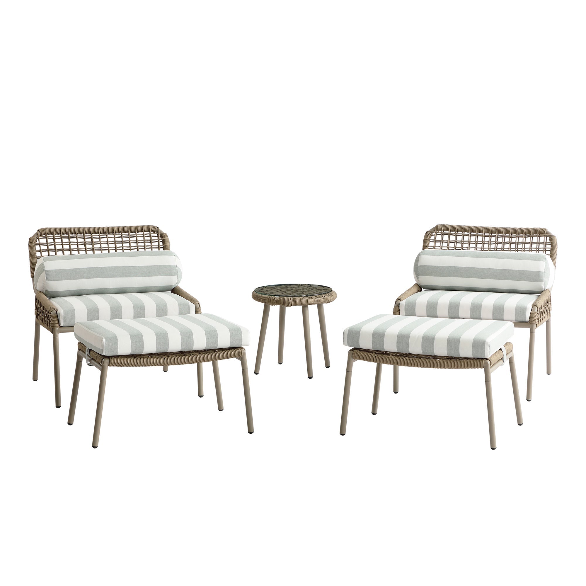 Pomona Rope Weave Bistro Set, Sage Striped Fabric with Taupe Frame