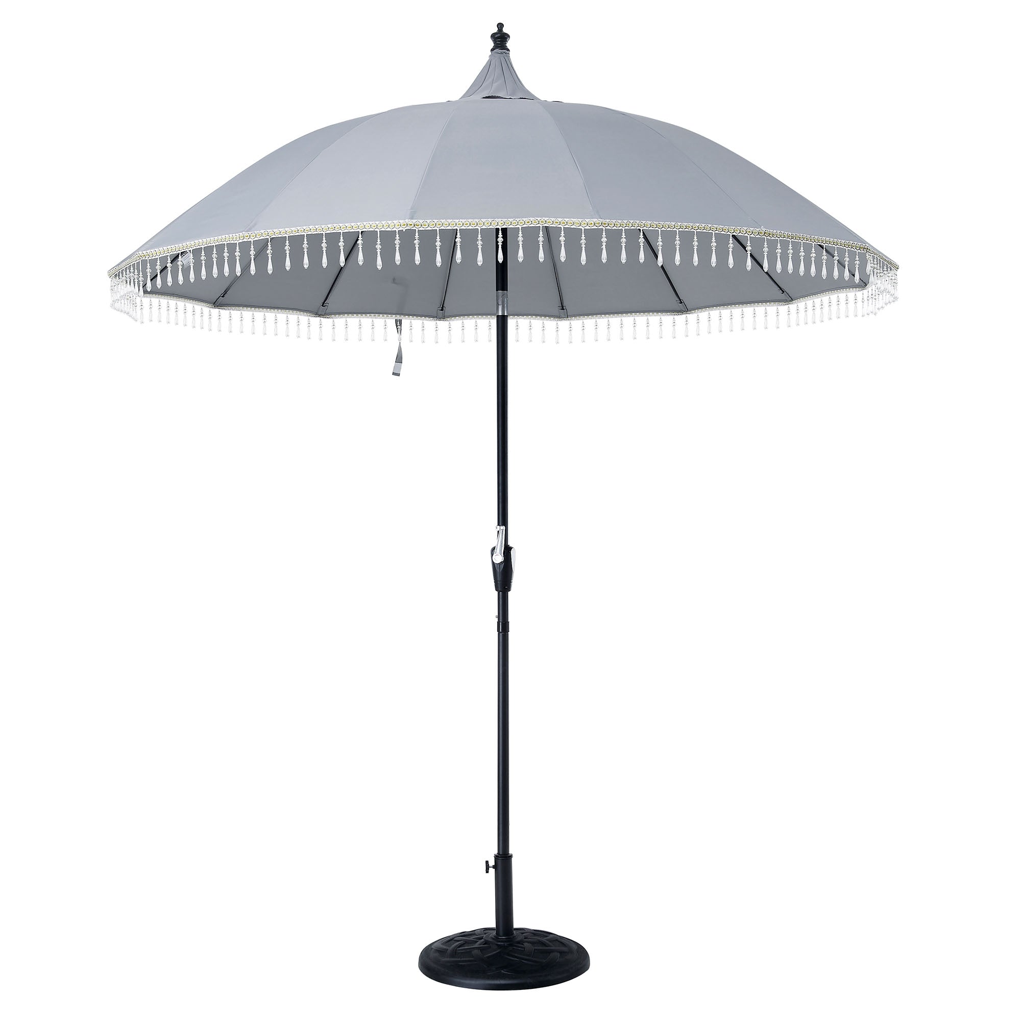 Hacienda 2.4M Light Grey Beaded Carousel Garden Parasol with Fringe Tassels and Aluminium Tilt