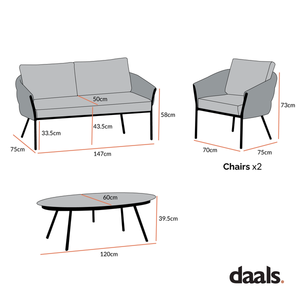 Montebello 4-Seater Outdoor Black Rope and Aluminium Sofa Set with Grey Ceramic Coffee Table