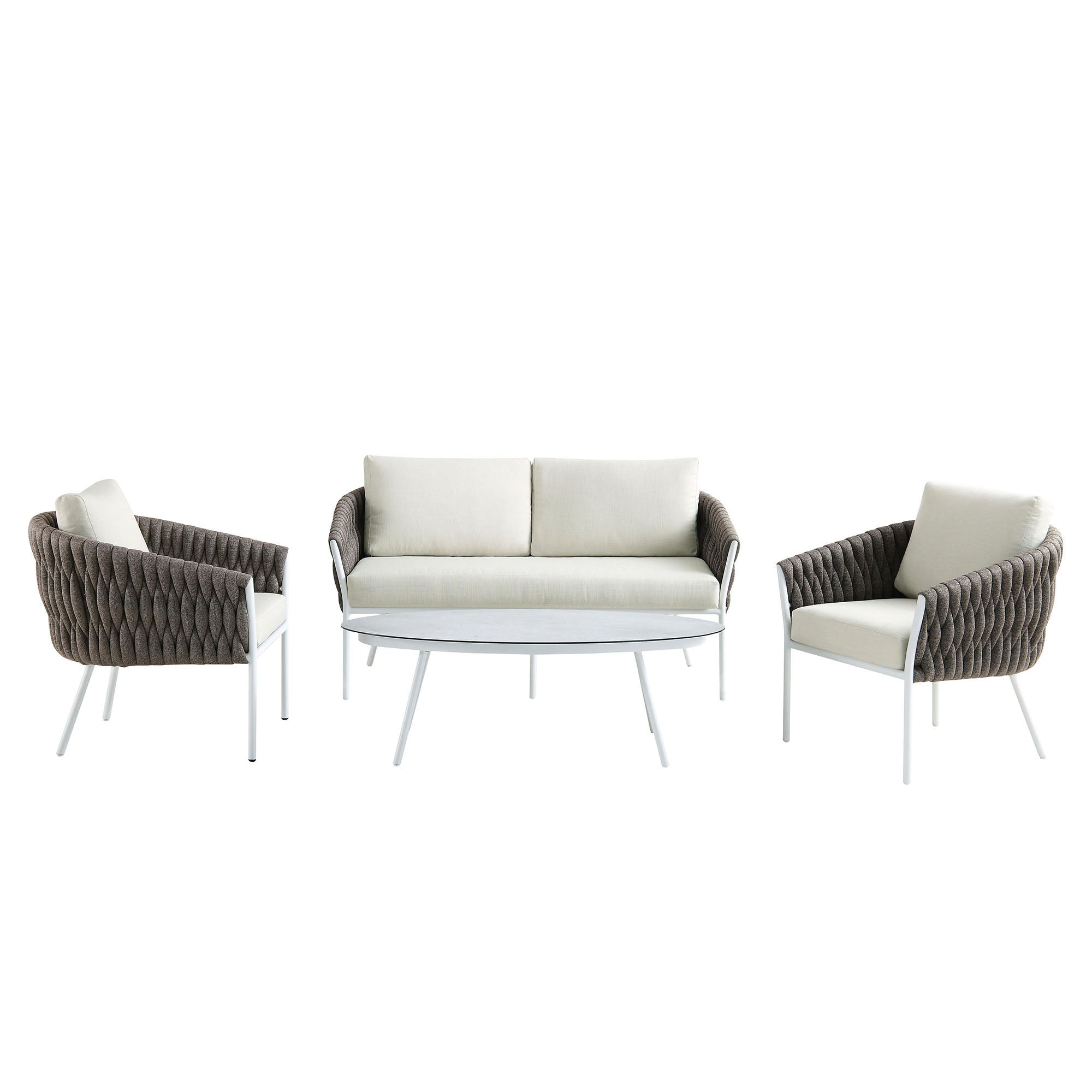 Montebello 4-Seater Outdoor Taupe Rope and Aluminium Sofa Set with White Ceramic Coffee Table