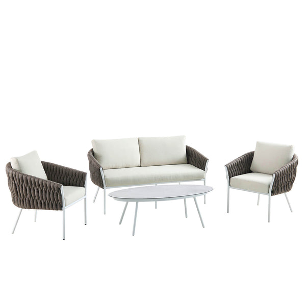 Montebello 4-Seater Outdoor Taupe Rope and Aluminium Sofa Set with White Ceramic Coffee Table