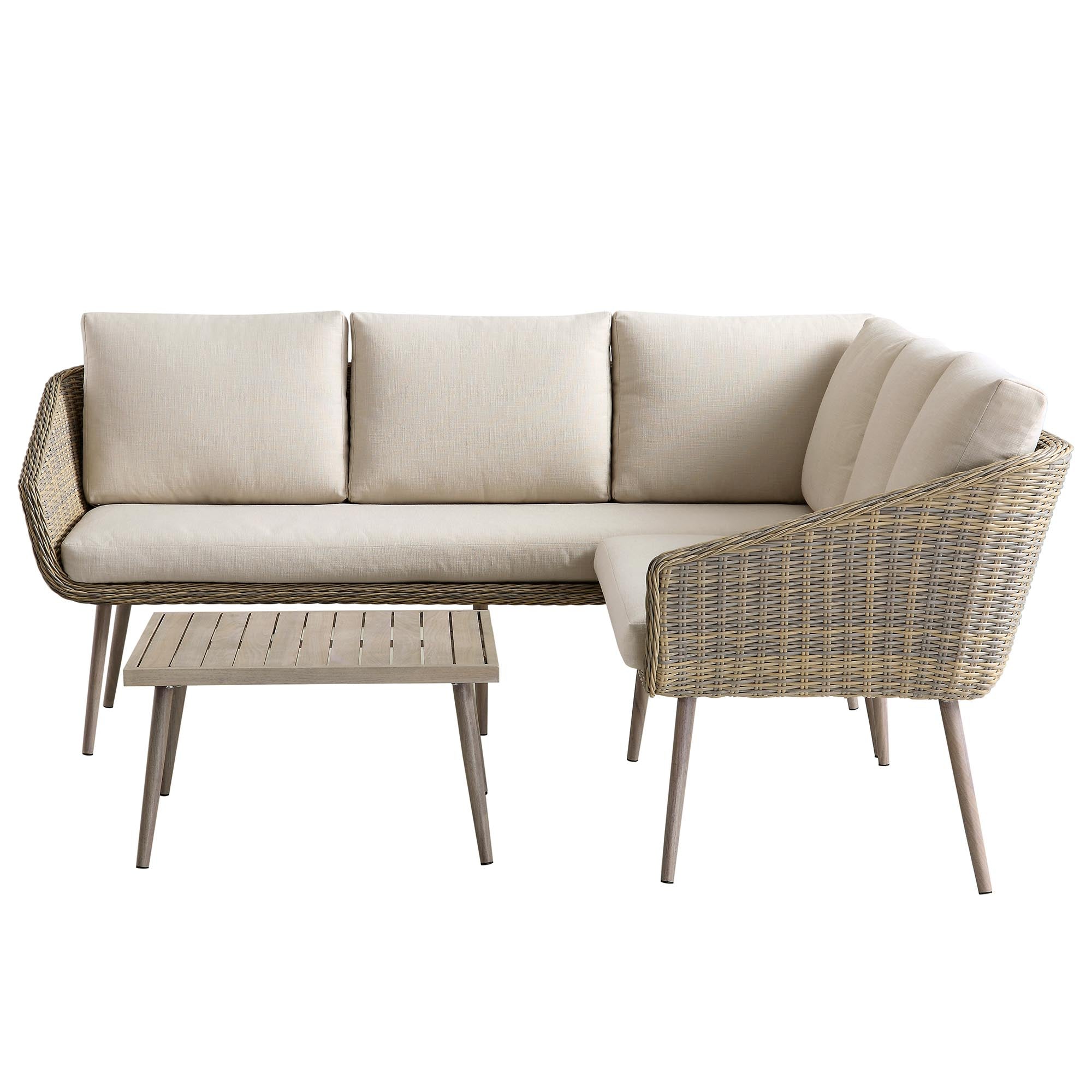 Cliveden Outdoor Aluminium Washed Wood Effect and Round Wicker Rattan Corner Sofa Set