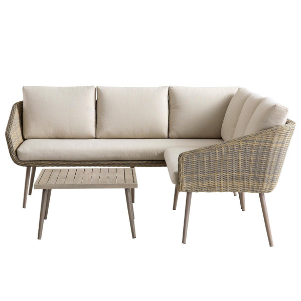 Cliveden Outdoor Aluminium Washed Wood Effect and Round Wicker Rattan Corner Sofa Set