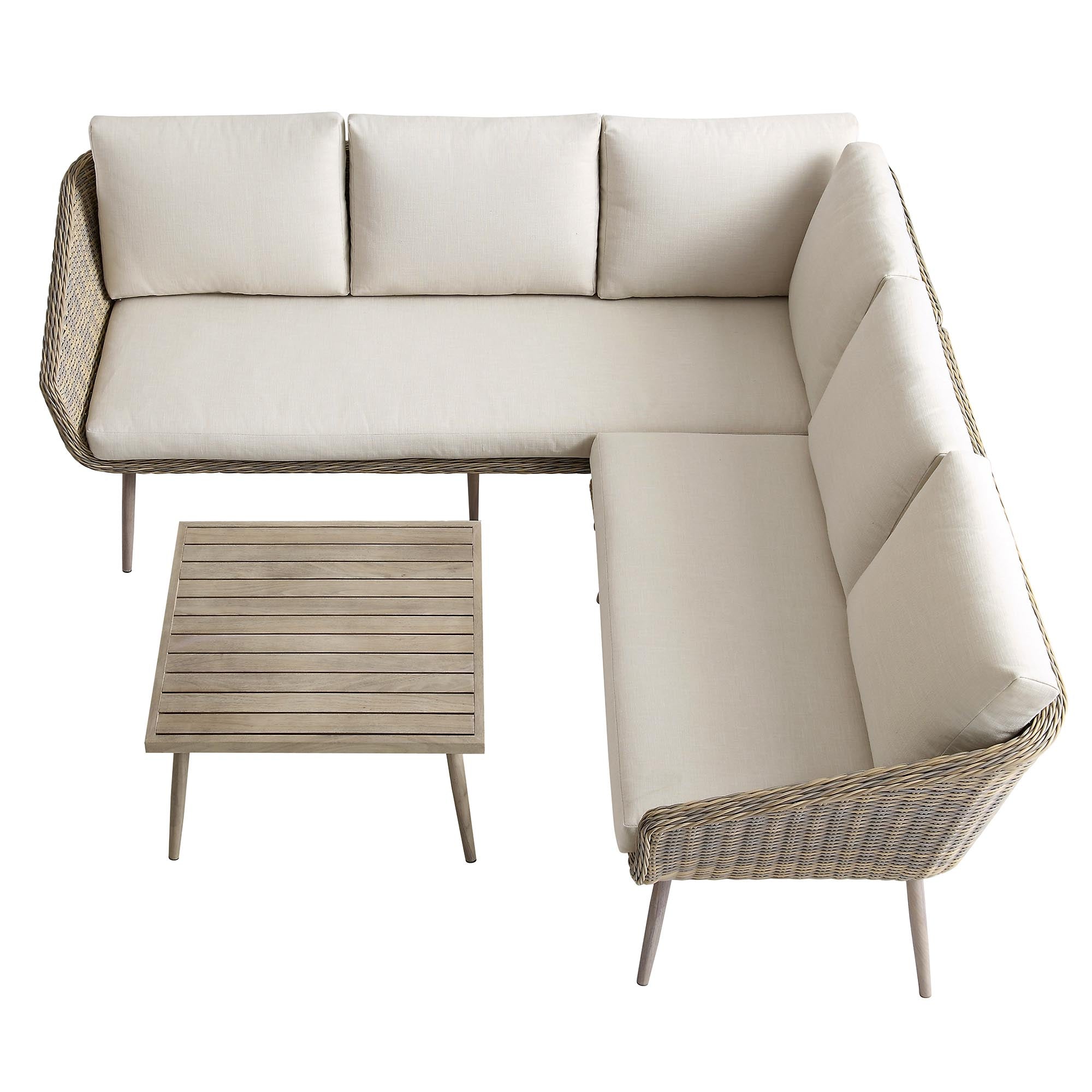 Cliveden Outdoor Aluminium Washed Wood Effect and Round Wicker Rattan Corner Sofa Set