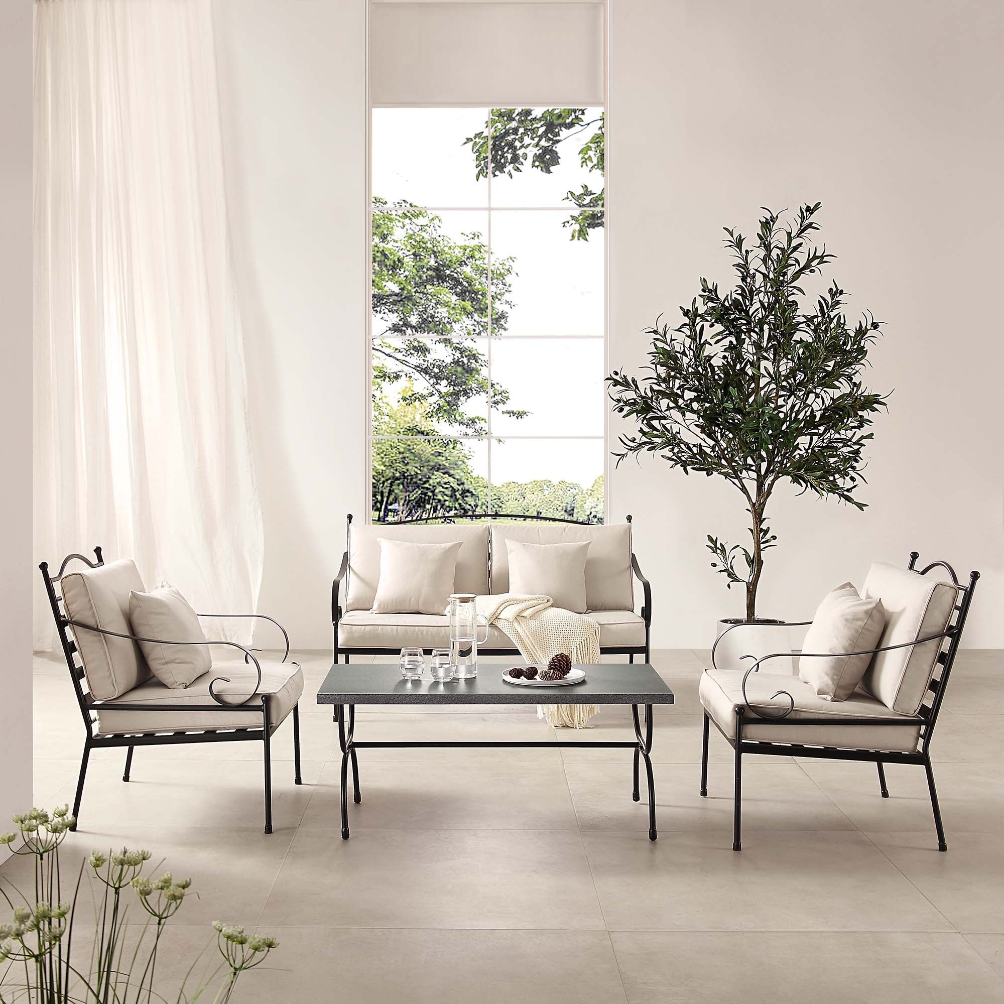 Haymes Indoor and Outdoor Metal Sofa Set with Coffee Table, Beige