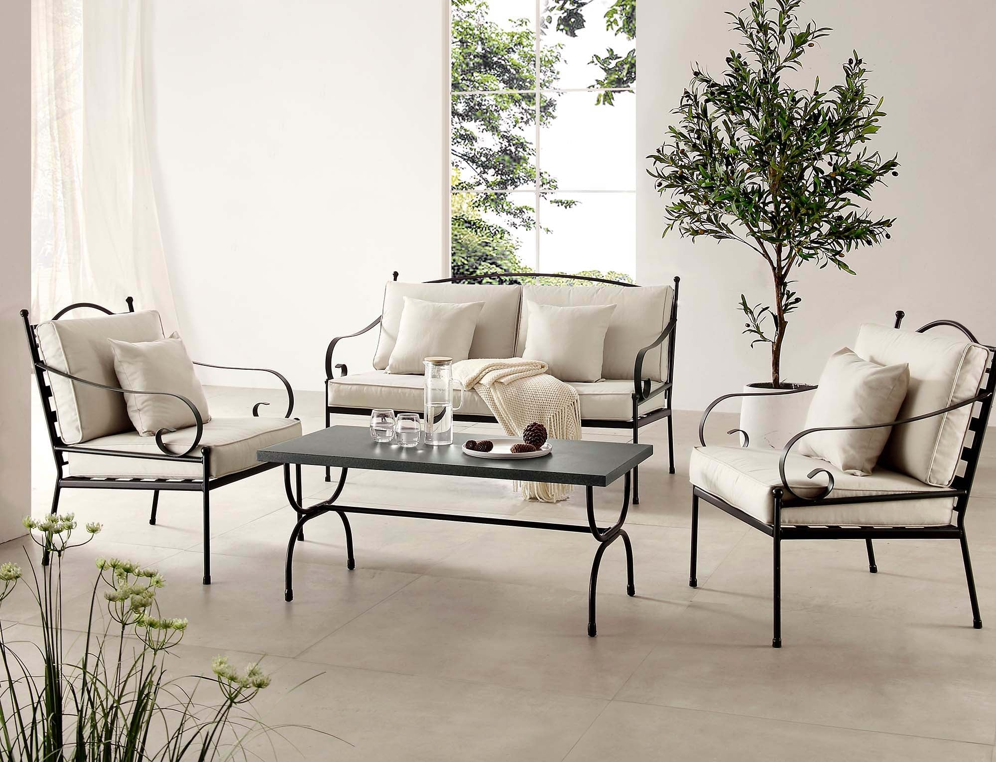 Haymes Indoor and Outdoor Metal Sofa Set with Coffee Table, Beige