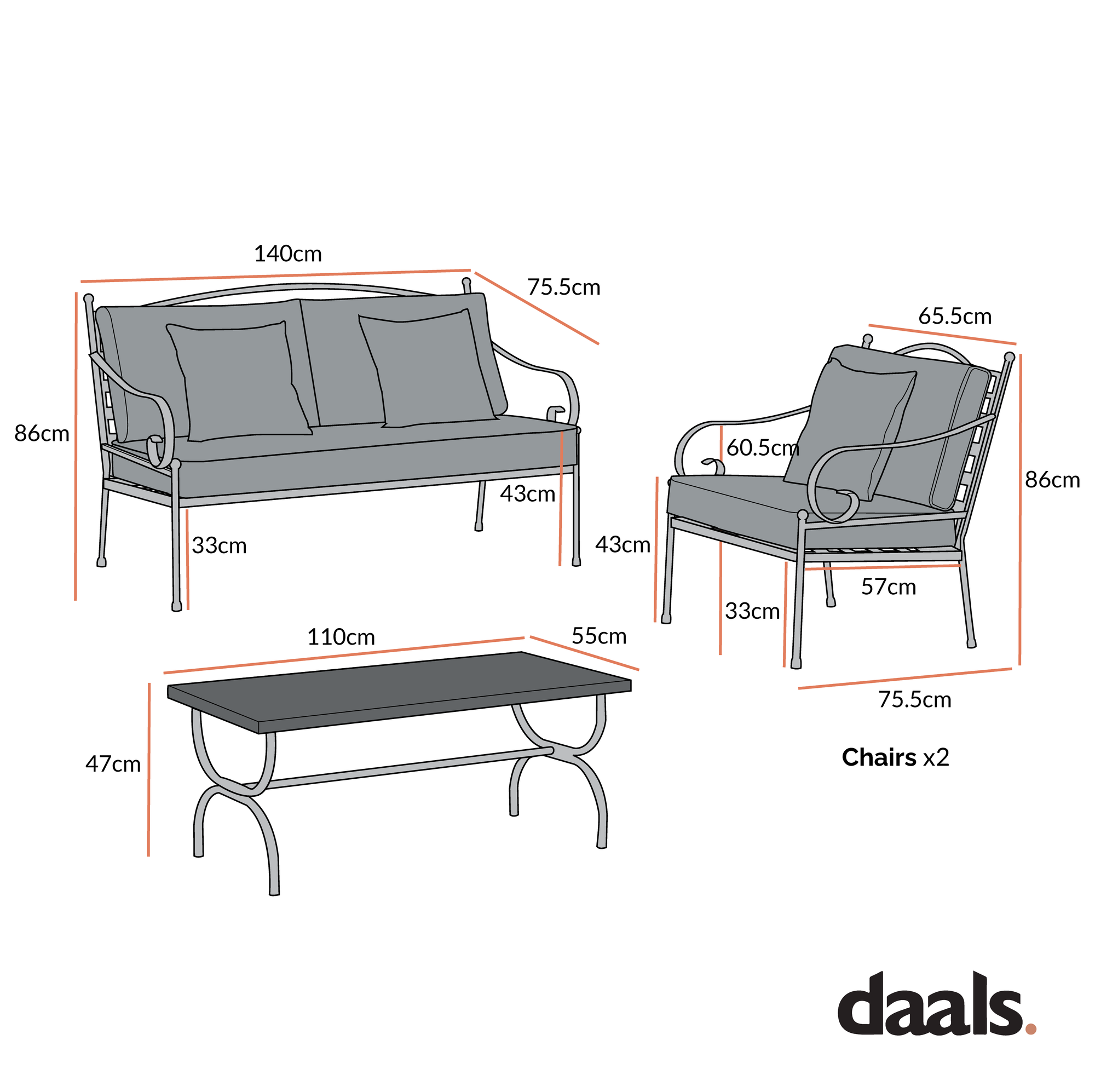 Haymes Indoor and Outdoor Metal Sofa Set with Coffee Table, Beige