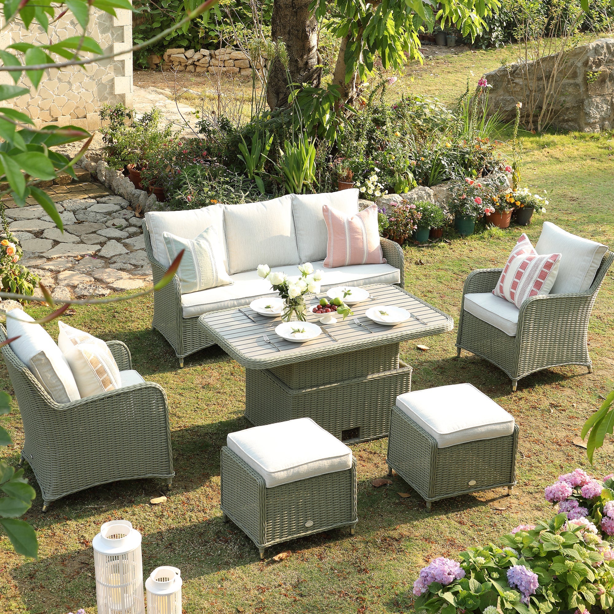 Hampshire 7-Seater Round Wicker Rattan Sofa Set with Rising Table, Desert Sage