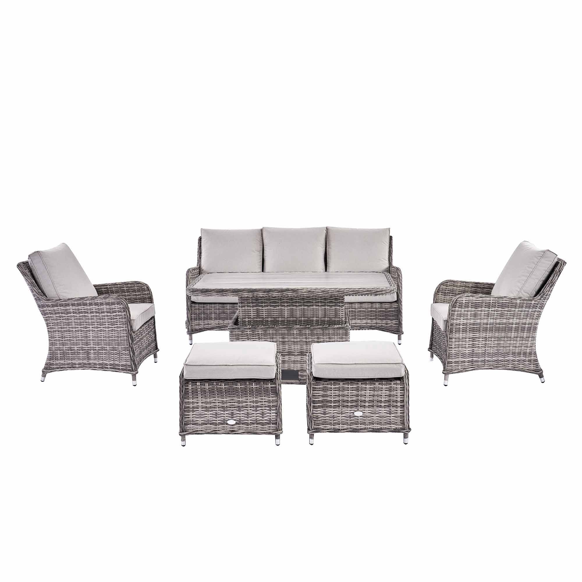 Hampshire 7-Seater Round Wicker Rattan Sofa Set with Rising Table, Light Grey