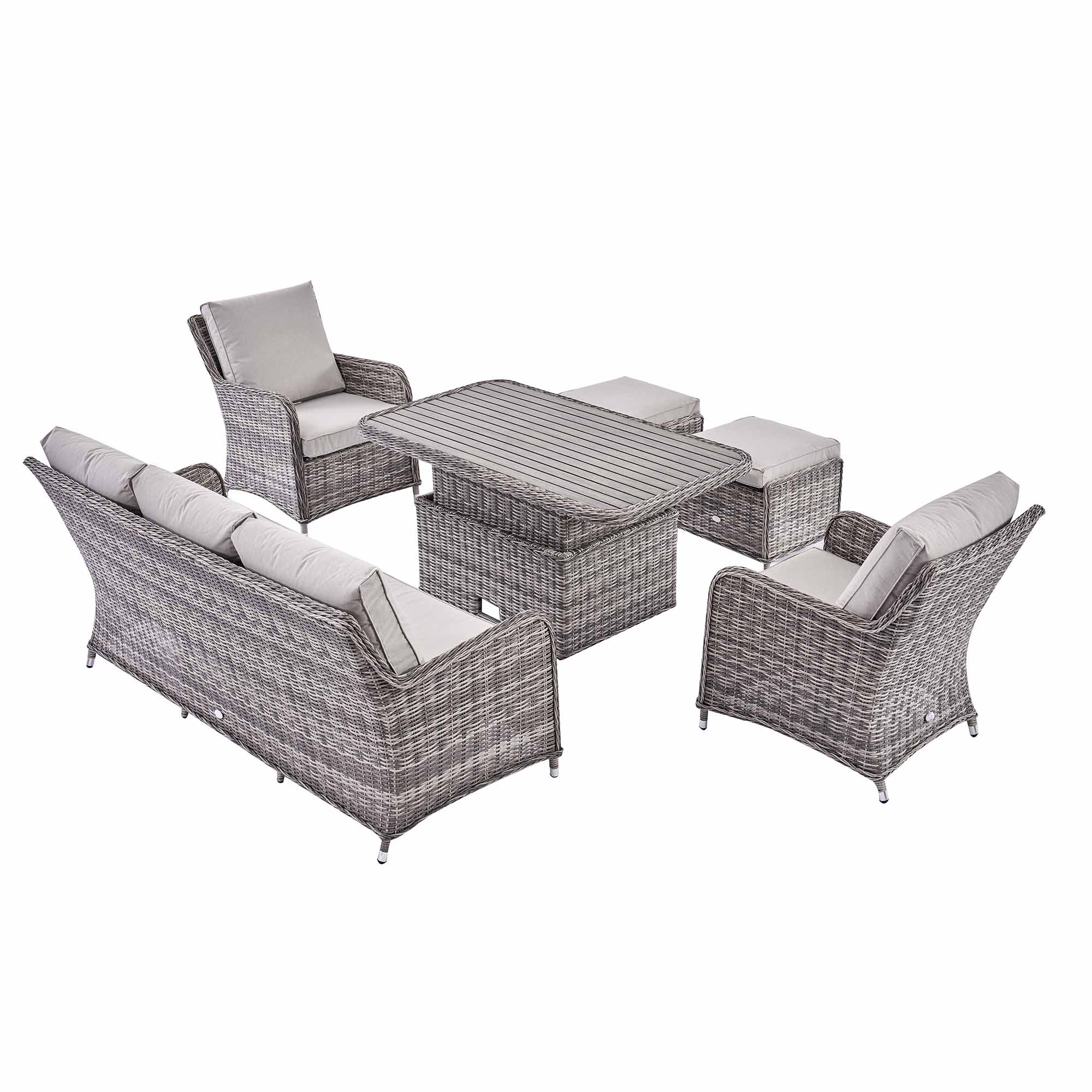 Hampshire 7-Seater Round Wicker Rattan Sofa Set with Rising Table, Light Grey