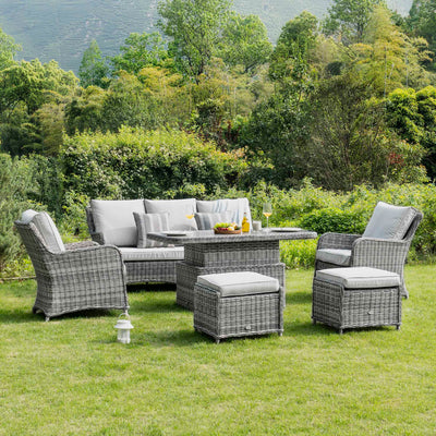 Hampshire 7-Seater Round Wicker Rattan Sofa Set with Rising Table, Light Grey