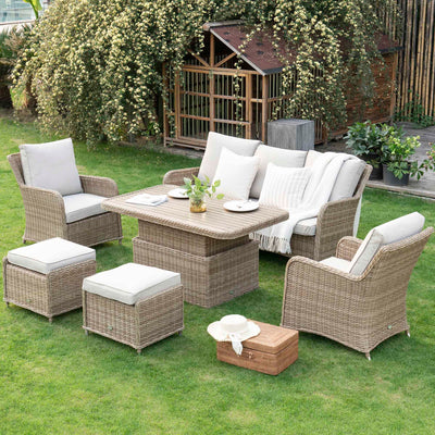 Hampshire 7-Seater Round Wicker Rattan Sofa Set with Rising Table, Natural
