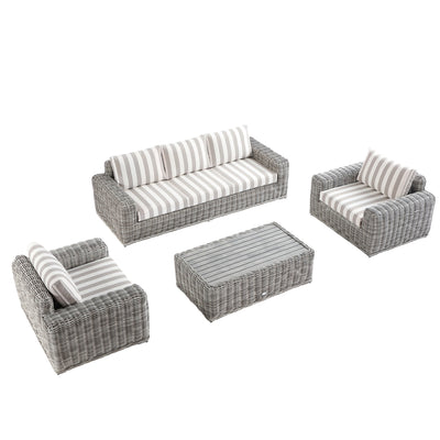 Bellagio Round Wicker Sofa Set with Coffee Table, Light Grey with Taupe Stripes