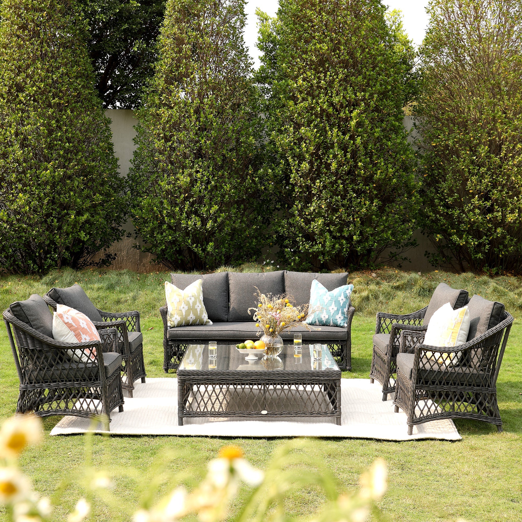 Willowbrook Lattice Weave Rattan 7-Seater Large Sofa Set, Dark Grey