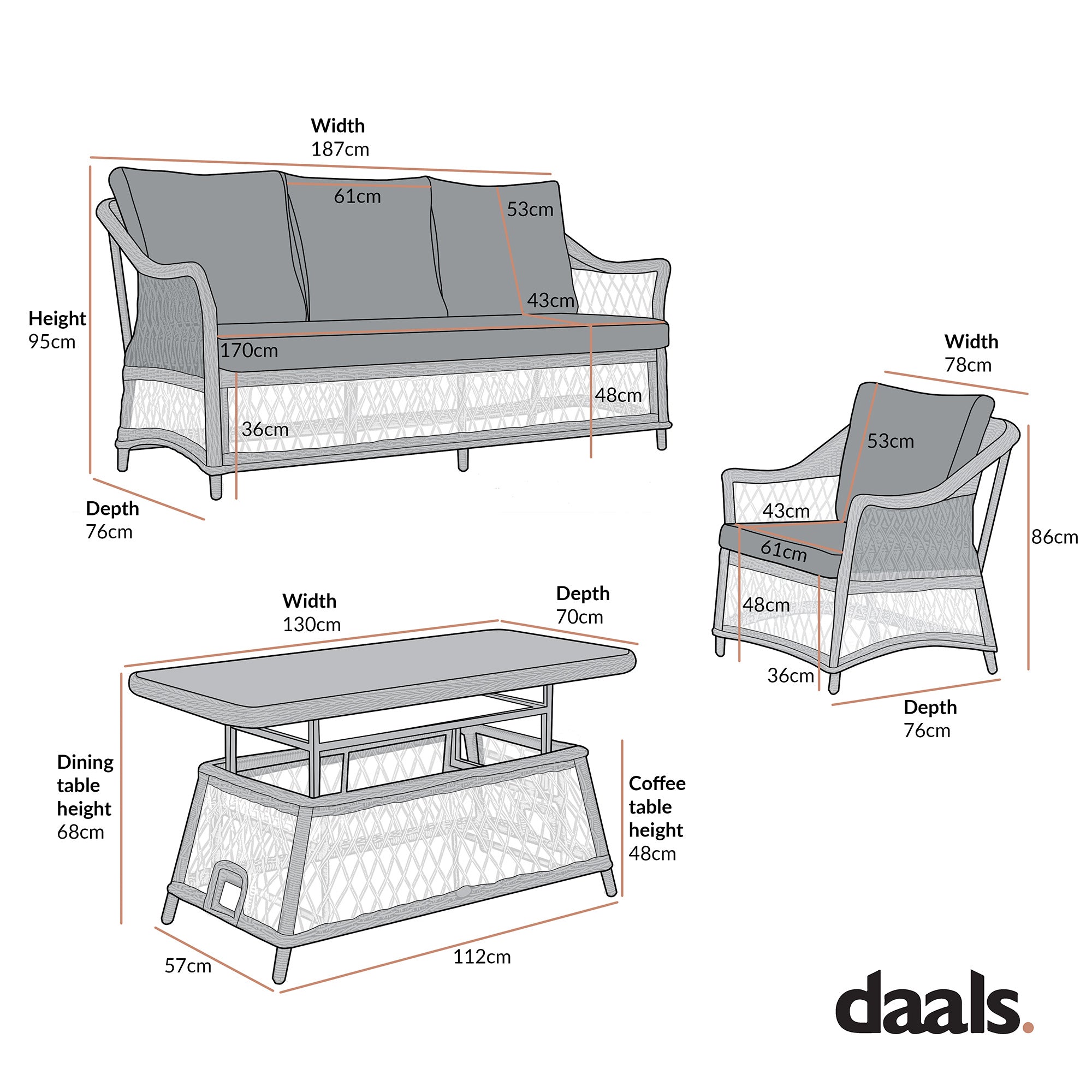 Willowbrook Lattice Weave Rattan 5-Seater Sofa Set with Rising Table, Dark Grey