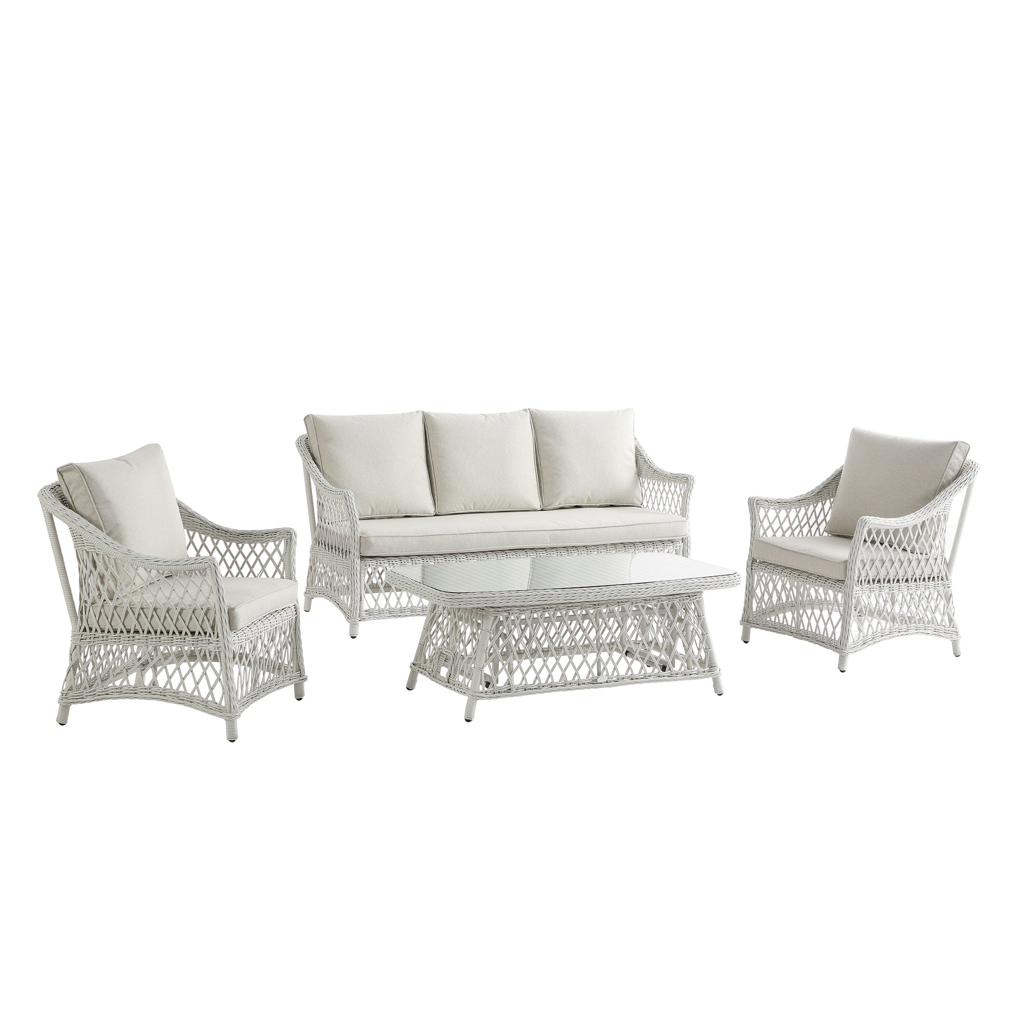Willowbrook Lattice Weave Rattan 5-Seater Sofa Set with Rising Table, White