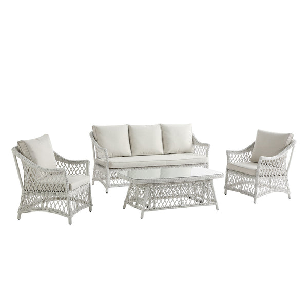Willowbrook Lattice Weave Rattan 5-Seater Sofa Set with Rising Table, White