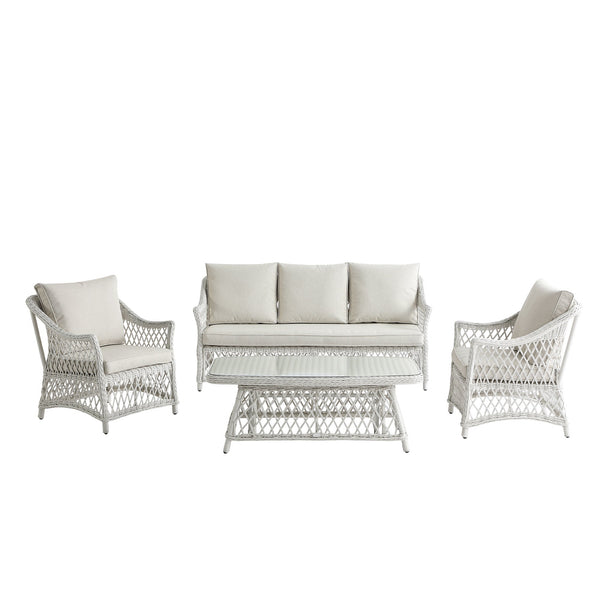 Willowbrook Lattice Weave Rattan 5-Seater Sofa Set with Rising Table, White
