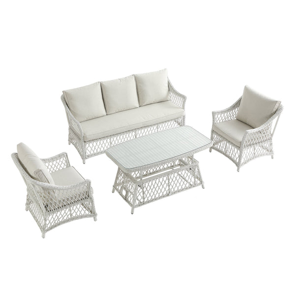 Willowbrook Lattice Weave Rattan 5-Seater Sofa Set with Rising Table, White