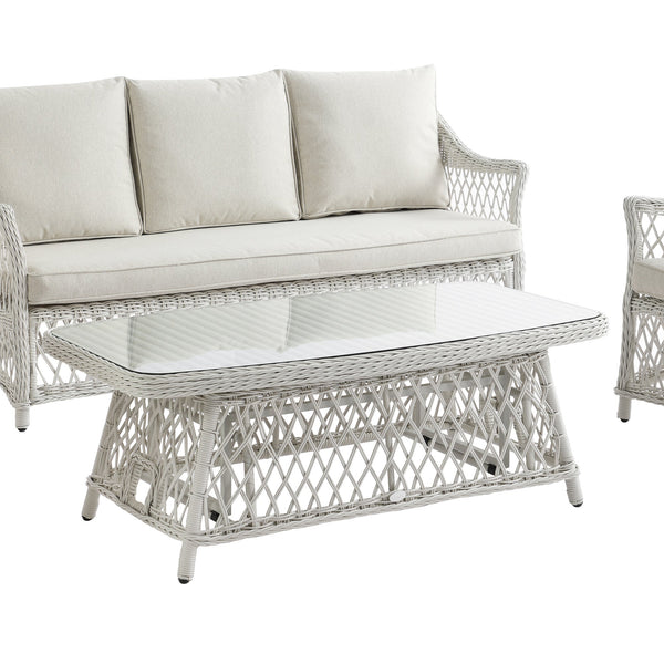 Willowbrook Lattice Weave Rattan 5-Seater Sofa Set with Rising Table, White