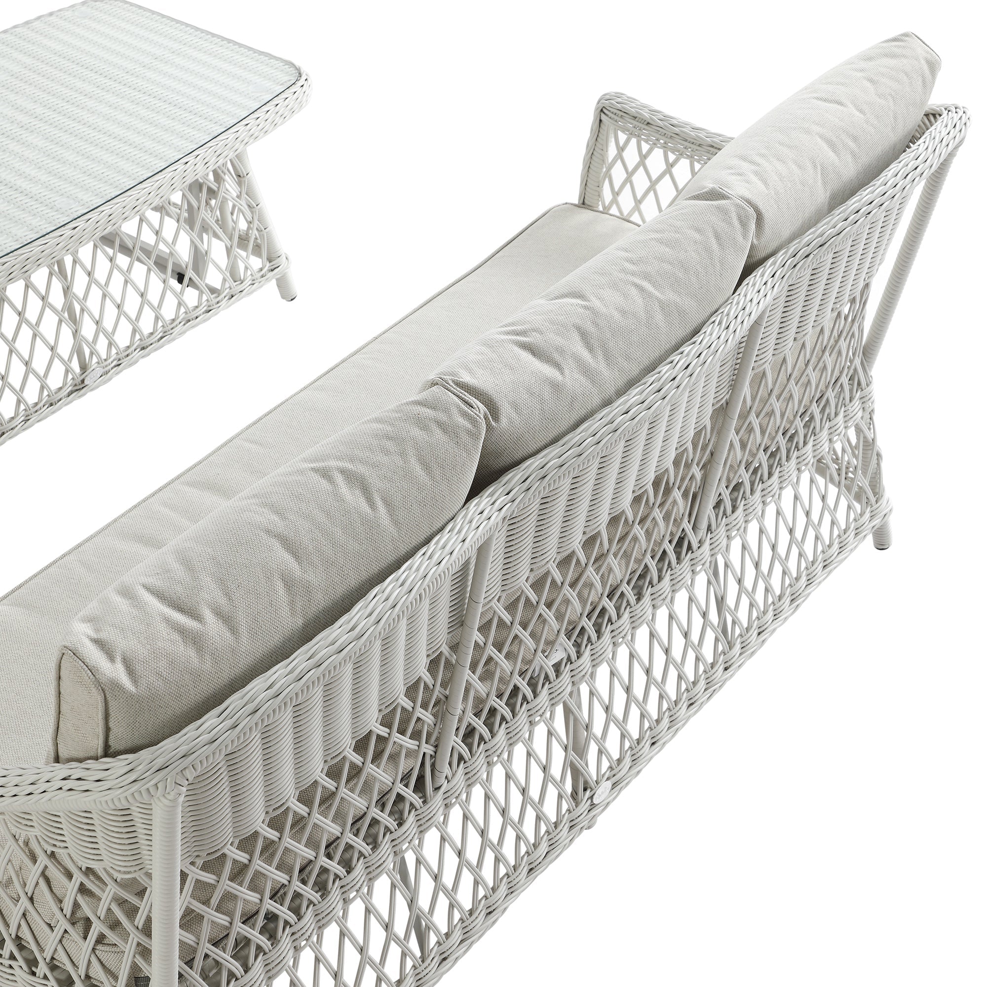 Willowbrook Lattice Weave Rattan 5-Seater Sofa Set with Rising Table, White