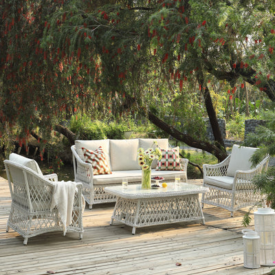 Willowbrook Lattice Weave Rattan 5-Seater Sofa Set with Rising Table, White