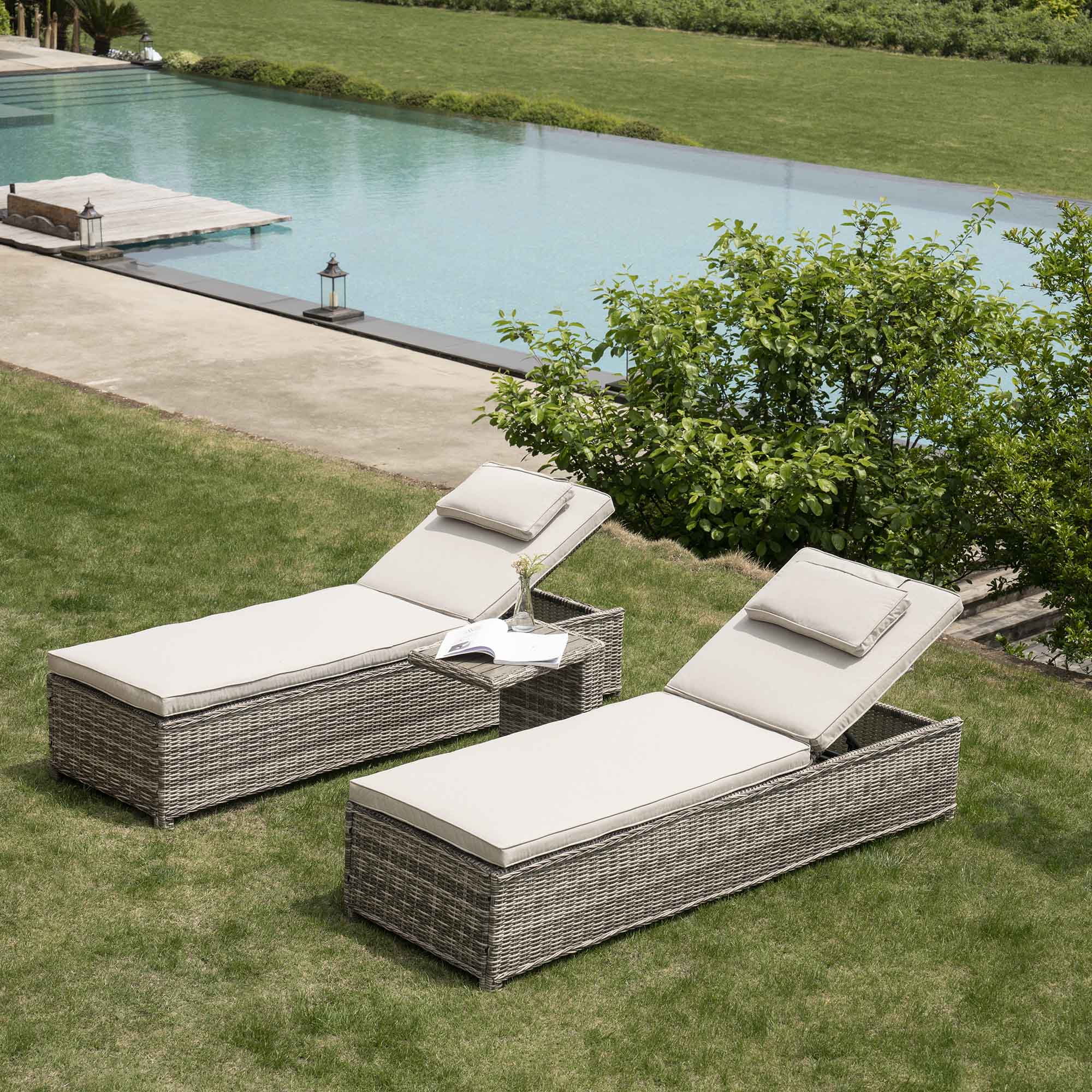 Hampshire Round Wicker Rattan Sun Lounger Set with Side Table, Light Grey