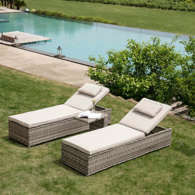 Hampshire Round Wicker Rattan Sun Lounger Set with Side Table, Light Grey