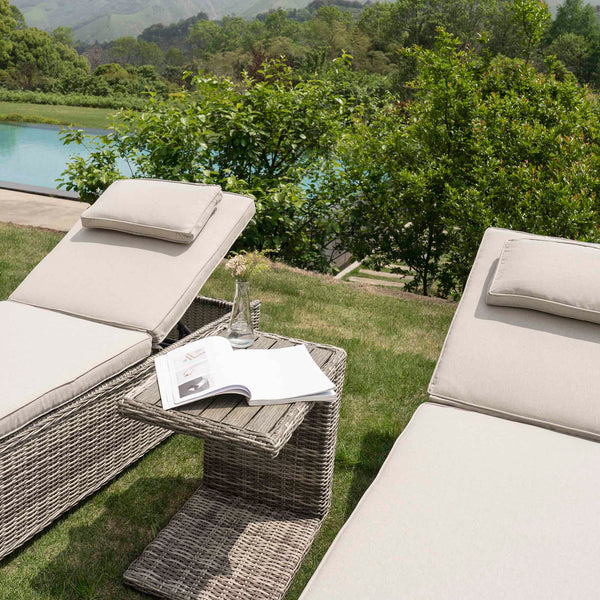 Hampshire Round Wicker Rattan Sun Lounger Set with Side Table, Light Grey
