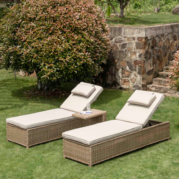 Hampshire Round Wicker Rattan Sun Lounger Set with Side Table, Natural