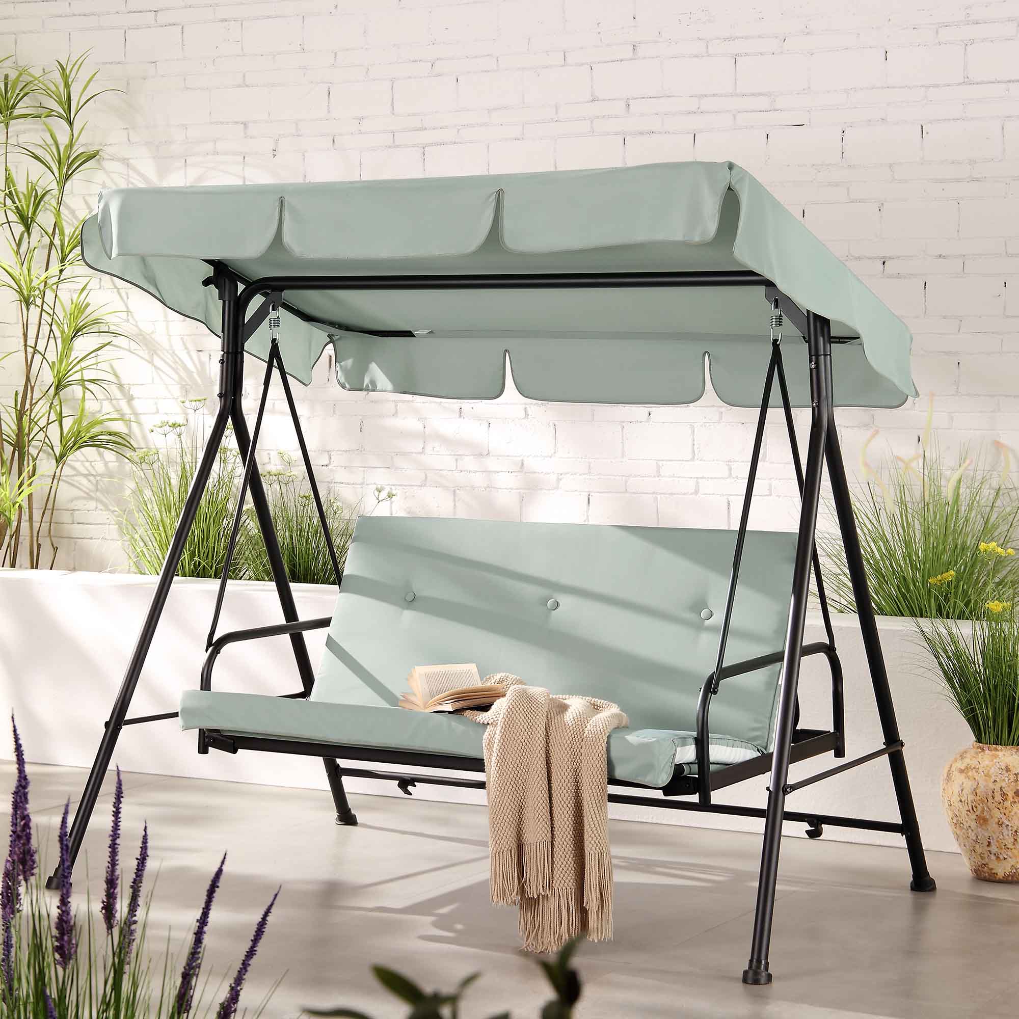 Champneys Outdoor Reclining Swing with Canopy, Sage Green Striped