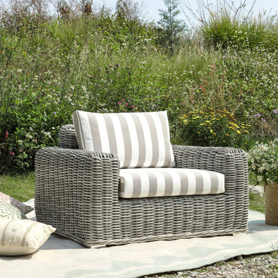 Bellagio Round Wicker Outdoor 1-Seater Sofa, Light Grey with Taupe Stripes