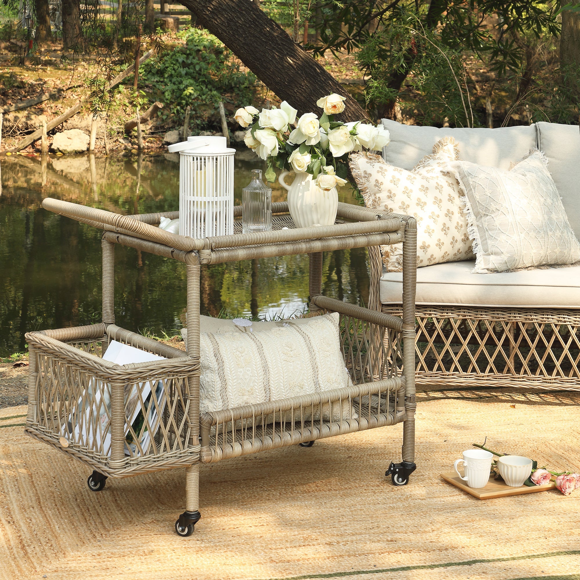 Willowbrook Lattice Weave Rattan Bar Cart, Natural