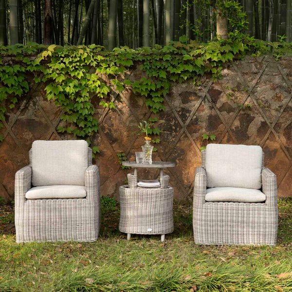 Bellagio Round Wicker Bistro Set with Rising Side Table, Light Grey