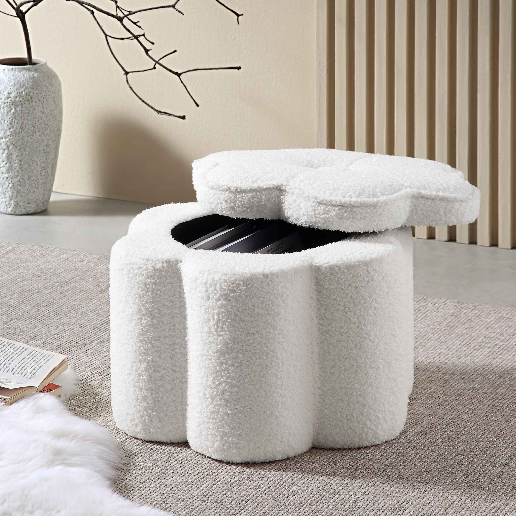 Pollie White Teddy Boucle Storage Stool
