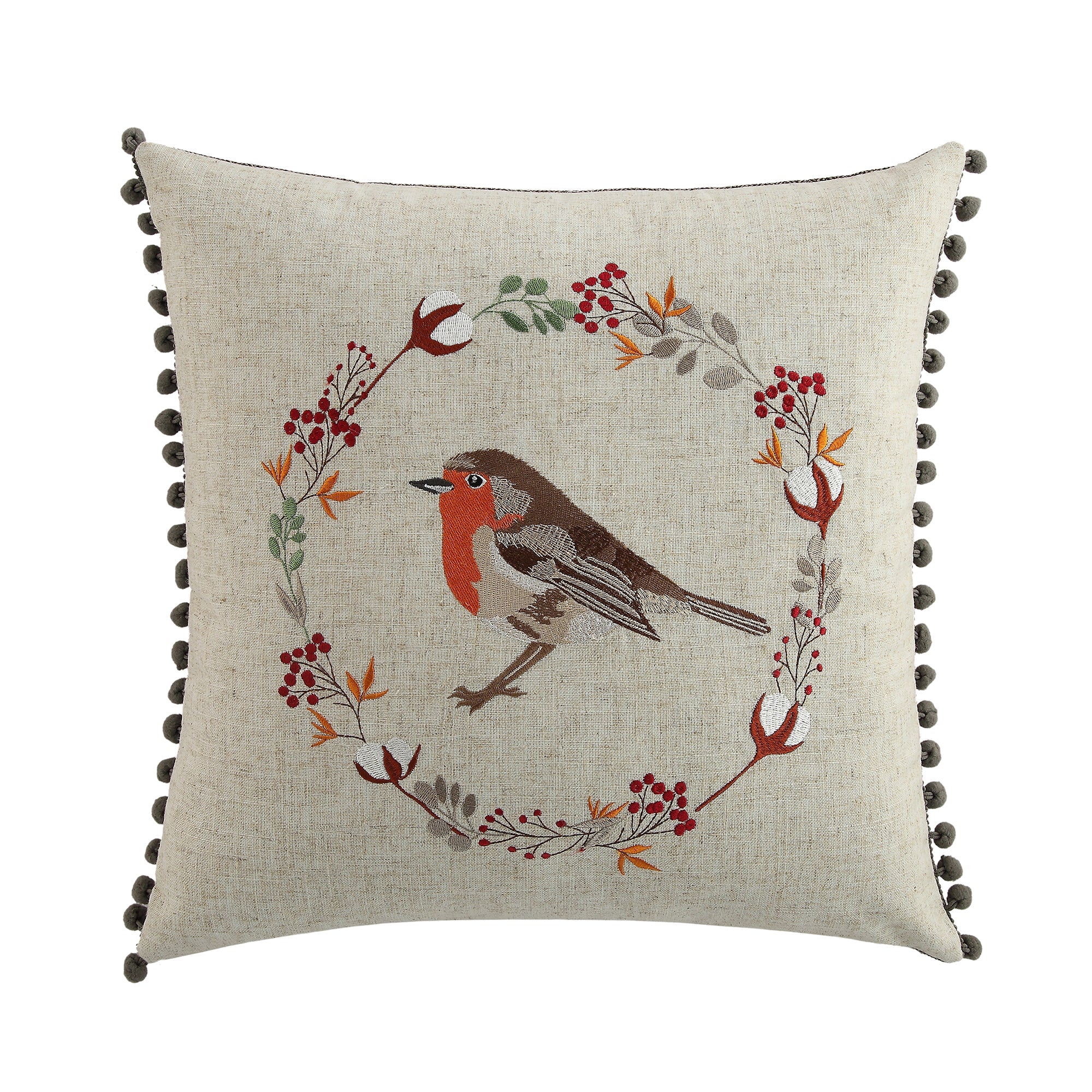 Country Collection Robin Embroidered Linen Blend Cushion