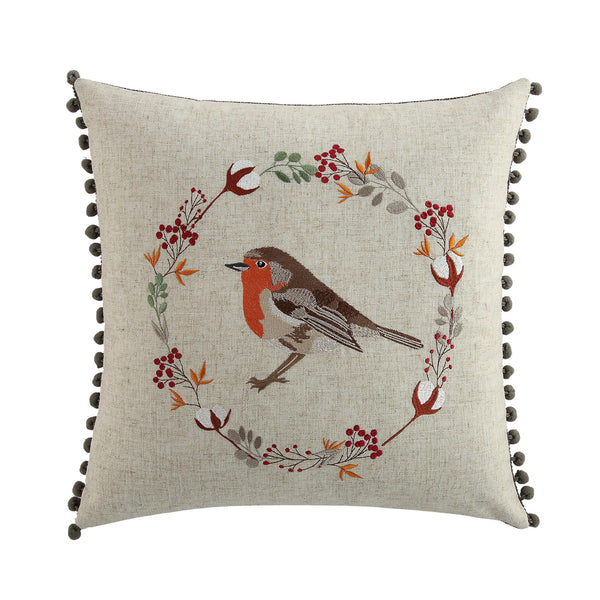 Country Collection Robin Embroidered Linen Blend Cushion