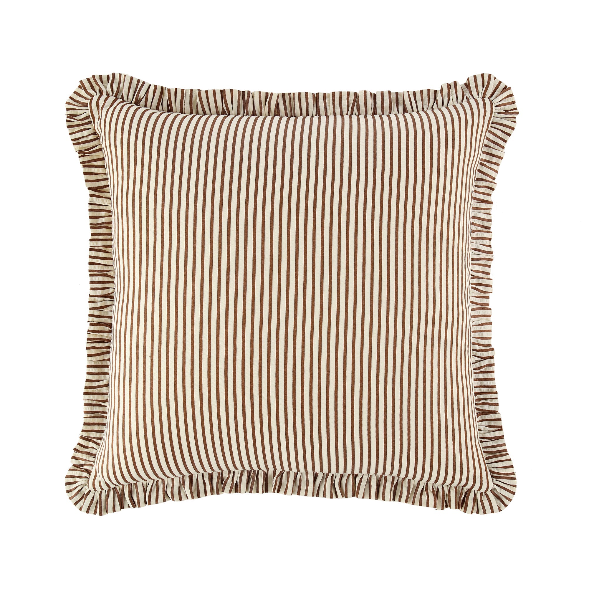 Iris Ticking Brown Stripe Seersucker Frill Cushion